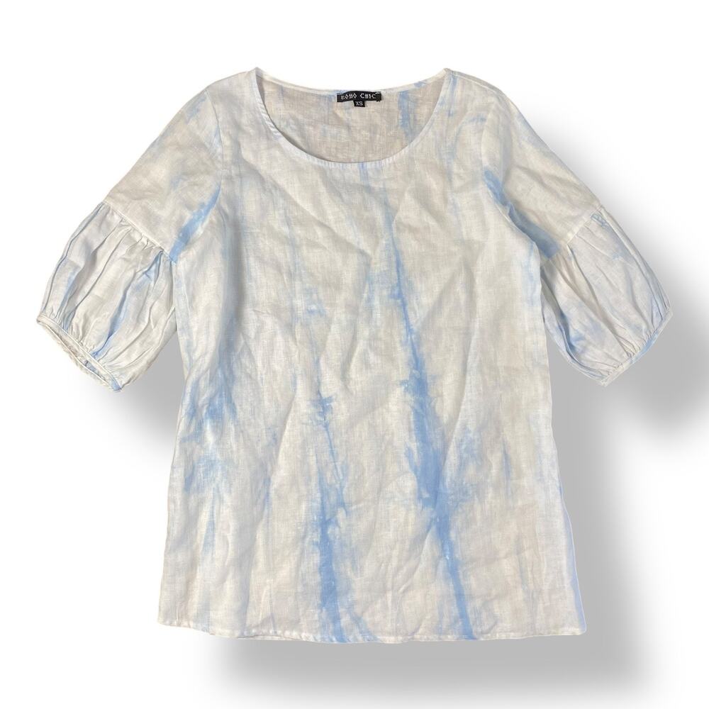 Boho Chic Linen Tie-Dyed Blouse Womens Size XS Blue White Bohemian